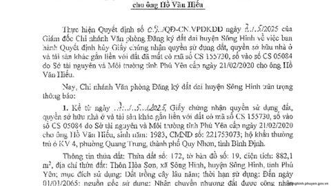 Thông Báo huỷ Giấy chứng nhận quyền sử dụng đất có mã số CS155730 do Sở Tài nguyên và Môi trường cấp ngày 21/02/2020 cho ông Hồ Văn Hiếu