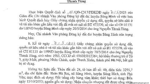 Thông Báo huỷ Giấy chứng nhận quyền sử dụng đất có mã số BT 475570 do UBND huyện Sông Hinh cấp ngày 20/5/2014 cho ông Nguyễn Thanh Tùng