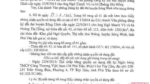 Thông báo huỷ Trang bổ sung số 01 kèm theo GCN có mã số BT176944 cấp cho ông Ngô Thanh Vũ và bà Hoàng Thị Hồng