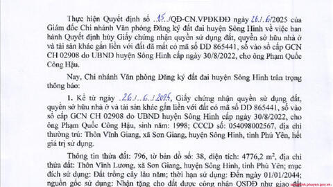 Thông báo về việc huỷ Giấy chứng nhận có mã số DD 865441 cấp cho ông Phạm Quốc Công Hậu