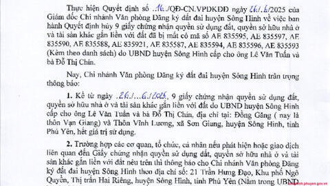 Thông báo về việc huỷ 9 Giấy chứng nhận cấp cho ông Lê Văn Tuấn